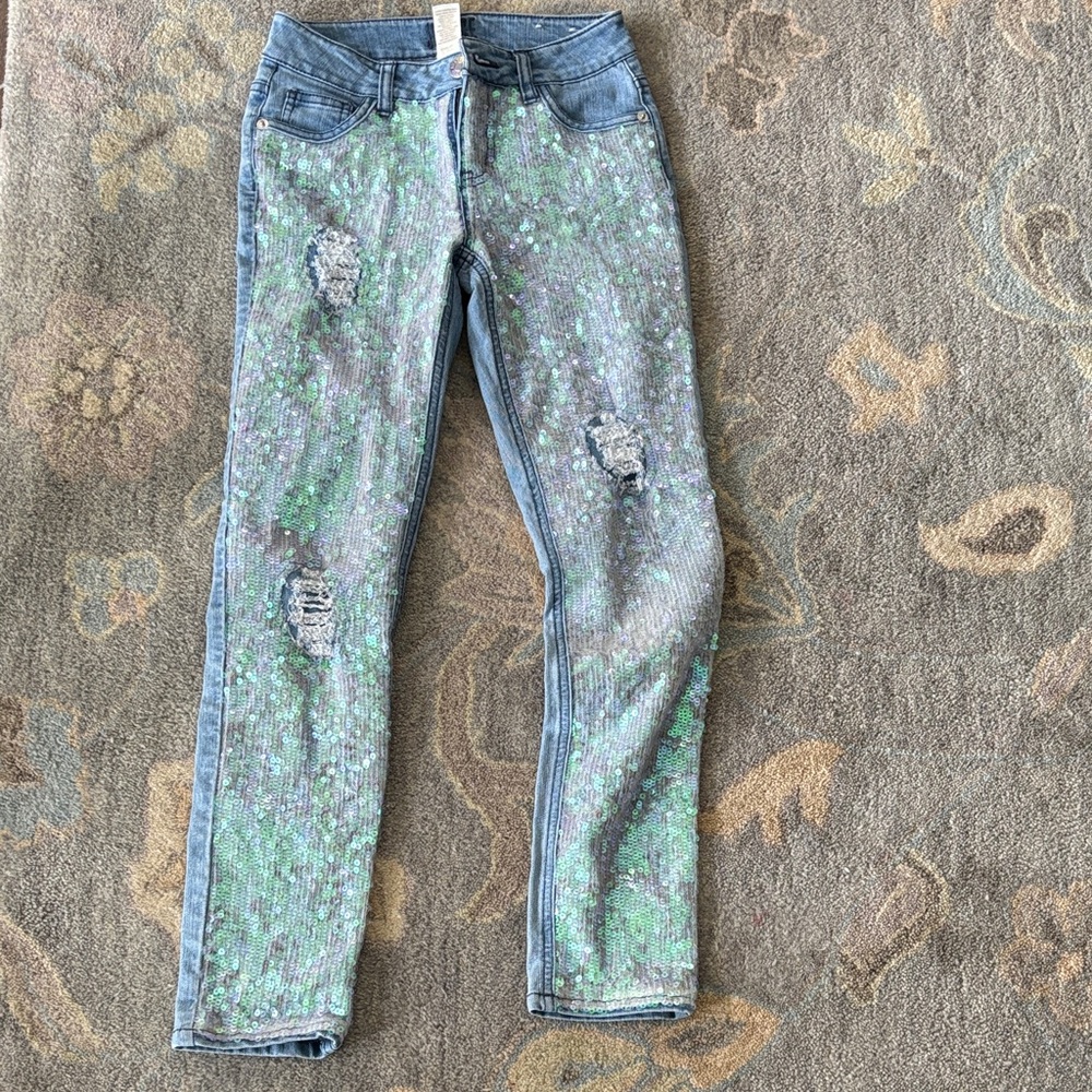 Justice Blue and Green Sequin Jeans